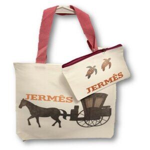 Hermès-Inspired Cream and Pink Tote Bag with Matching Pouch